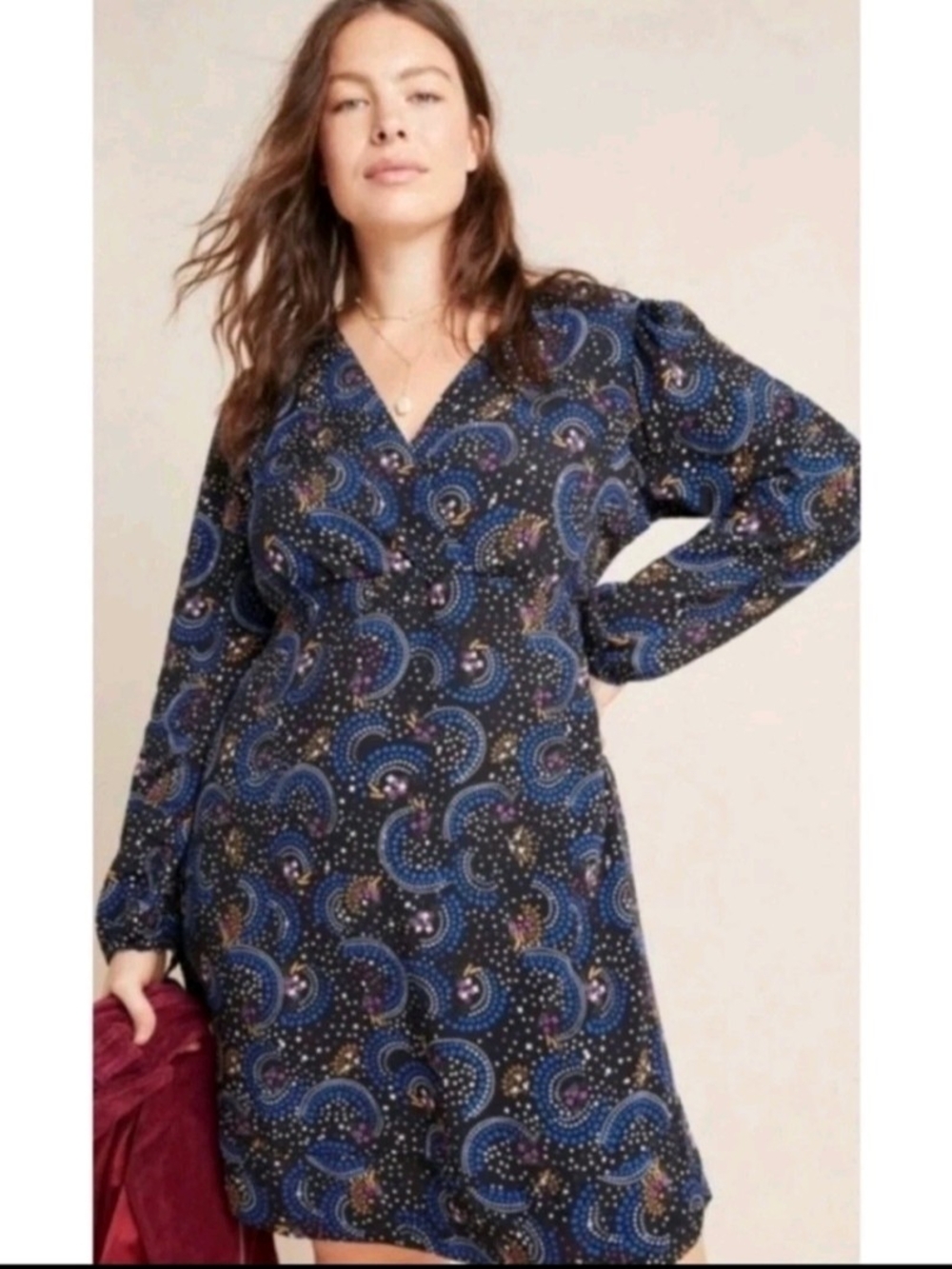 Anthropologie Maeve Celestial Star Print Dress 16 Lightweight Long Sleeve Pocket